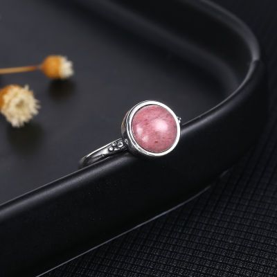 Sterling Silver 925 Natural Rhodochrosite Ring Simple Style Tiger Eye Jewelry Engagement Wedding Anniversary Gift for Women