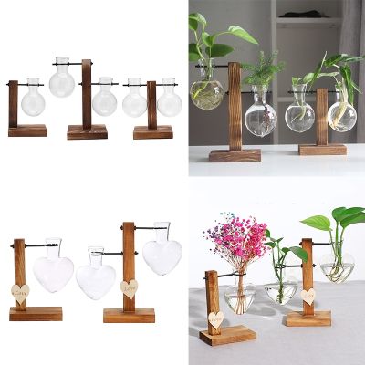 Nordic Style Glass and Wood Vase Planter Table Desktop Hydroponics Plant Vases Bonsai Flower Pot Glass Vase Home Decor