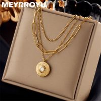 MEYRROYU 316L Stainless Steel Vintage Round Pendant Multilayer Chain Necklace For Women Jewelry Party Gift Bijoux Femme