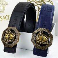 VERSACE เข็มขัดหนังแท้หัวเข็มขัดเรียบแบบใหม่ของผู้ชาย