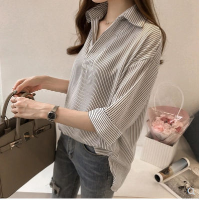 [Spot] spring, summer and autumn new Korean style loose slimming stripes shirt womens three-quarter sleeve top versatile casual 2023