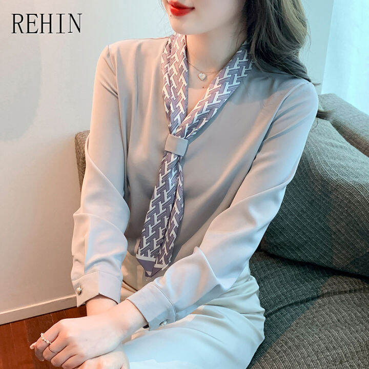 rehin-women-s-top-high-end-lace-up-long-sleeve-shirt-niche-v-neck-elegant-chiffon-blouse