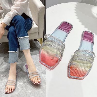 Female outside in the summer of 2021 new slippers color transparent square flat sandals set auger big yards flip-flops of foreign trade