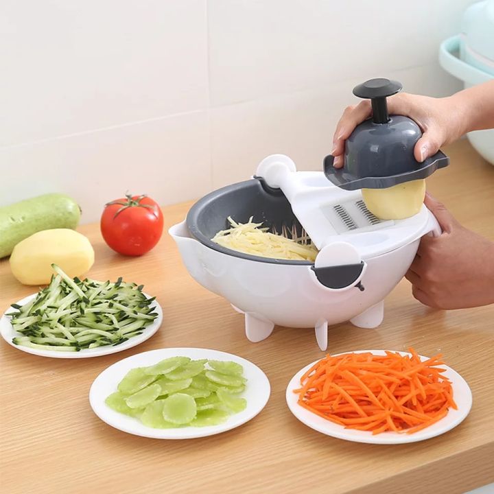 9-in-1 Multi-functional Rotate Vegetable Cutter Manual Slicer Fruit Cutter Choppers Veggie Fruit Shredder Grater Large Capacity Vegetable Drainer