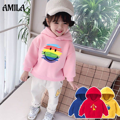 AMILA เสื้อสเวตเตอร์เด็ก เสื้อสเวตเตอร์มีฮู้ดการ์ตูนเวอร์ชั่นเกาหลี ชุดเด็กผ้าฟลีซลําลอง เสื้อสเวตเตอร์แฟชั่น