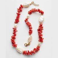 Scotts Holiday Sardinian Red Coral natural freshwater Keshi pearls choker Italian luxury Chip Strand Necklace women