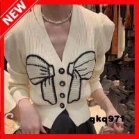 qkq971 Sweet Little Fresh Cute Style Bow Jacquard Knitted Cardigan WomenS Autumn And Winter New Fashion College Style Sweater