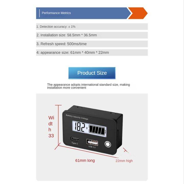 lead-acid-lithium-battery-capacity-indicator-car-digital-voltmeter-voltage-tester-dc8-30v-usb-type-c-green-screen