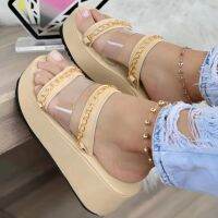 Hot sell Summer Women Slippers Transparent PVC Metal Chain Wedge Heel Sandals Open Toe Thick Sole Flip Flops Soft Platform Shoes Slippers