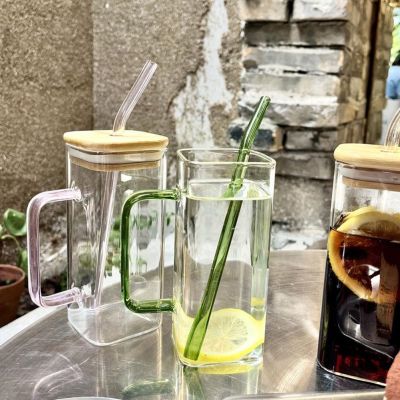♝✱⊕ 400ml Square Mug With Lids And Straws Simple Glass Drink Transparent Mug Tea Juice Beer Cold Milk Cup Water Coffee Cups I9G4