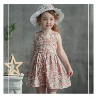 Girl Dress+Hat Set 2 3 4 5 6 7 Years Summer 2021 Cotton Sleeveless Beach Floral Dress Pink Blue Kids Dresses for Girls Clothing  by Hs2023