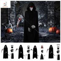 OGF2150 สีดำสีดำ เครื่องแต่งกายฮัลโลวีน Grim Reaper กับถุงมือ กันลื่น ชุดเครื่องเก็บเกี่ยวผี ของขวัญของเล่นของเล่น ไม่เกิดริ้วรอย ชุดเสื้อคลุมเสื้อคลุม เด็กผู้ใหญ่และเด็ก