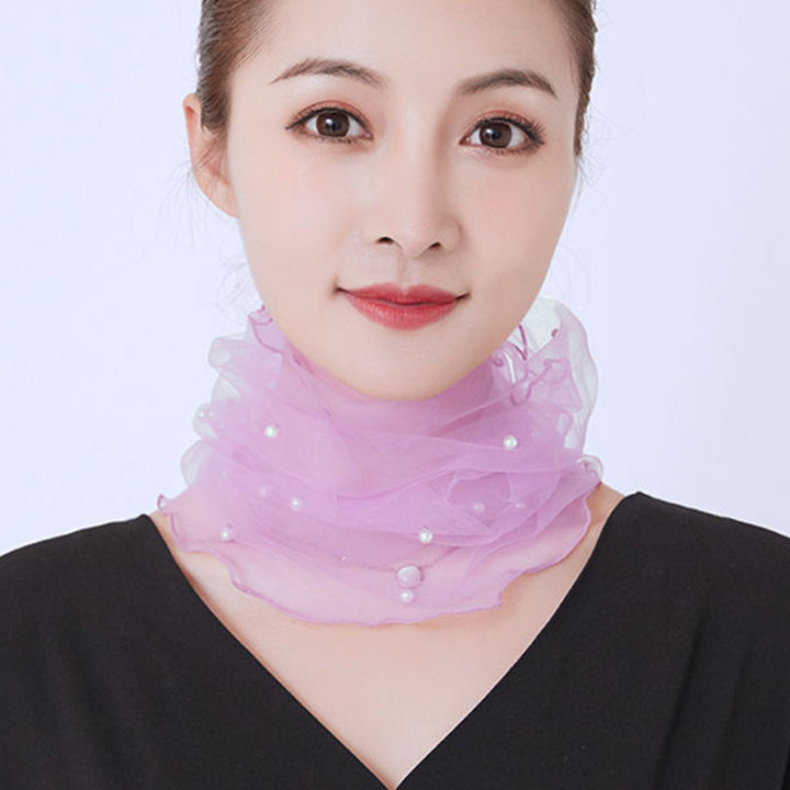 ผู้หญิงเกาหลีตาข่ายยืดหยุ่นปลอกคอเท็จคอแขนป้องกัน-h-eadwear-เอี๊ยมฤดูร้อนลูกไม้มุกบางครีมกันแดดผ้าพันคอ-p55