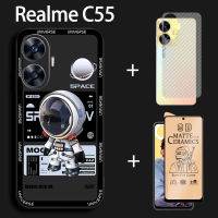 3in1สำหรับ Realme เคส C55ฟิล์มเซรามิก + ฟิล์มด้านหลัง + การ์ตูนแบรนด์อินเทรนด์อวกาศนักบินอวกาศกลฝา TPU นุ่มกันกระแทกเคสโทรศัพท์