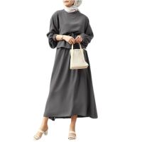 ；【‘；- Summer Eid Mubarak Kaftan Women Long Sleeve Set Clothing Muslim Turkey Two Piece Set Corset Shirt Pant Solid Color Bow Dress