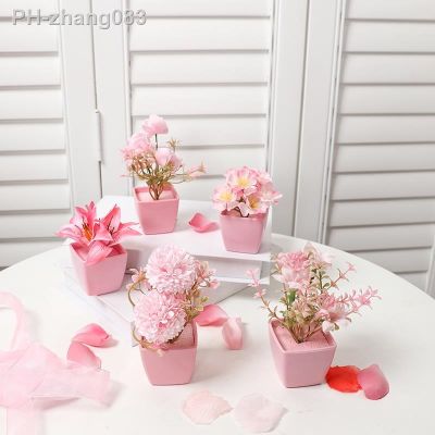 5PCS Mini Pink Artificial Flower Potted Plant Indoor Desktop Shelf Decoration