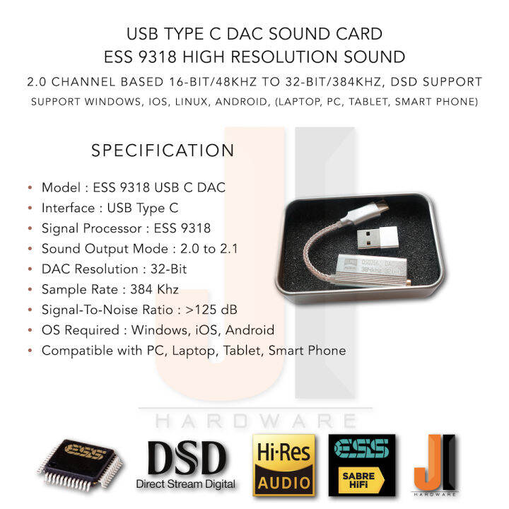 usb-type-c-dac-sound-card-ess-9318-high-resolution-sound-for-pc-tablet-laptop-smart-phone-support-ios-windows-android-ของใหม่มีกล่องใส่