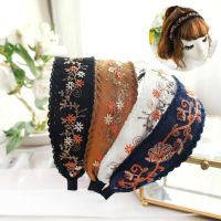 【CC】 Korea Silk Wide Side Embroidery Hairbands Sequi Hair Accessories Hairband for Headbands