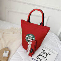 Starbuck กระเป๋าผ้าใบสุทธิเนื้อกระเป๋าดำสีแดงขนาดเล็กกระเป๋าถือของเด็กผู้หญิงถุงเครื่องมือลมฮ่องกงกระเป๋าทรงถังง่ายญี่ปุ่น