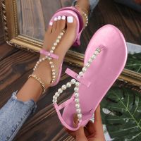 Summer Women Sandals Solid Color Clip Toe Pearl Flat Shoes for Women Sandals Outdoor Beach Pearl Ribbon Flip Flops Slippers