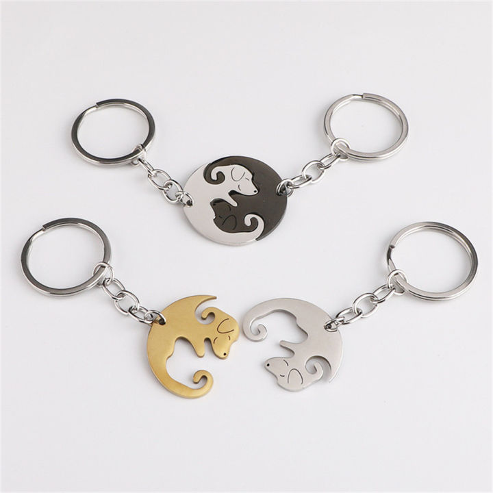 2pcs-accessories-backpack-cute-stainless-steel-couple-lovers-charm-car-dog-patchwork-heart-keyring-keychain