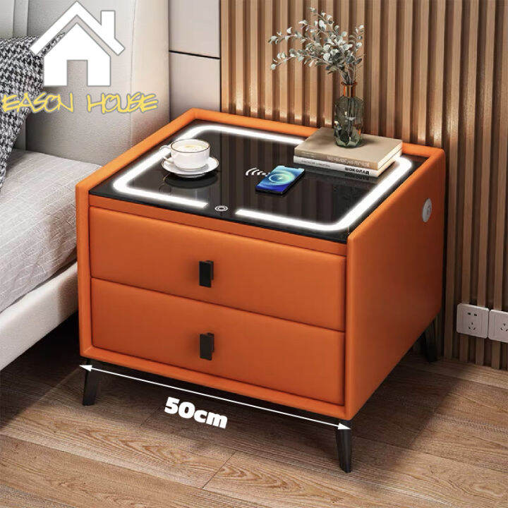 Intelligent leather bedside table modern solid wood multifunctional