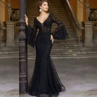 Black Evening Party Dresses Women Elegant Sexy Slim Vintage Holiday V-Neck Casual Wedding Runway Dress Club Robe Ladies Clothes