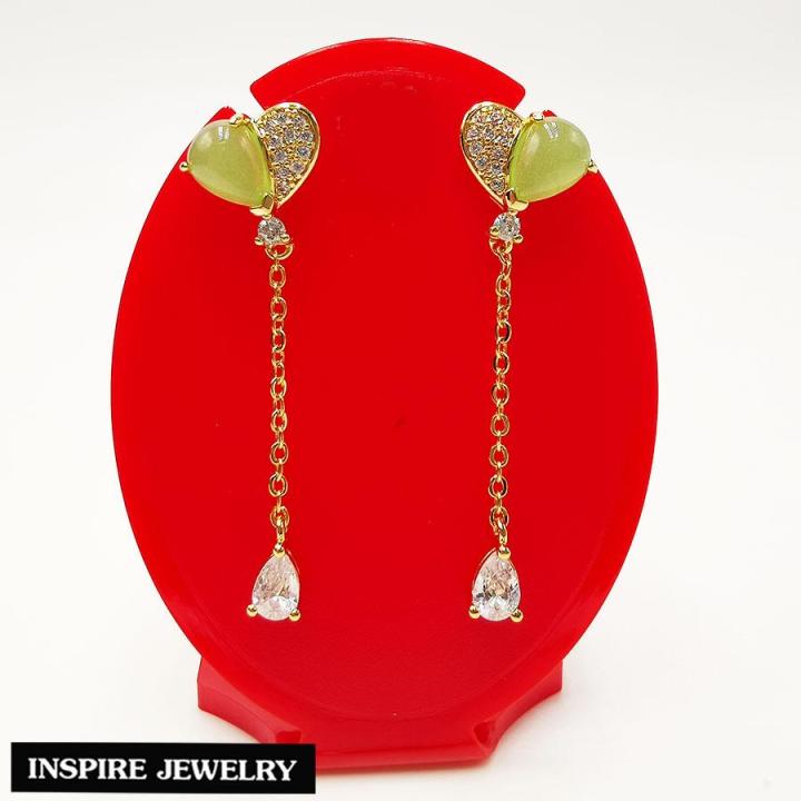 inspire-jewelry-ต่างหูหยก-ประดับเพชร-cz-ห้อยตุ้งติ้ง-ต่างหูรูปหัวใจ-ตัวเรือนหุ้มทองแท้-24k-สวยหรู-น่ารัก-พร้อมถุงกำมะหยี่