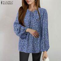 COD dhdfxcz ZANZEA Women Lace-up Long Sleeved Pleated Print Drawstring Casual Blouse