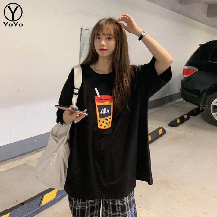 yoyo-เสื้อยืดแฟชั่นผู้หญิงins-คอกลมแขนสั้น-ทรงหลวมสายเก๋-สไตล์เกาหลี-รุ่นd067