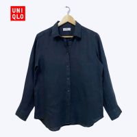 เสื้อเชิ้ตคอปกแขนยาวผู้ชาย สีกรมเข้ม ผ้าลินิน มือสอง Uniqlo สภาพใหม่