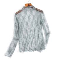 Womens Summer Spring See Through Mesh Basic Long Sleeve Blouse Mock Neck Solid Color Embroidered Floral Lace Loose Pullover Tops Shirt 6 Colors