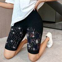 【YD】 Stretch Rhinestone Shorts Leggings Letters Hot Drilling Knee-length Elastic Pants