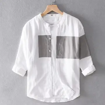 OTAKU Polo For Men Cotton Linen Chinese Collar 4/3 Sleeve Men Shirt Stand  Collar Casual Polo Shirt