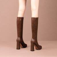 [COD] Round toe but knee boots womens 2022 autumn and winter new brown thick-soled high chunky heel elastic