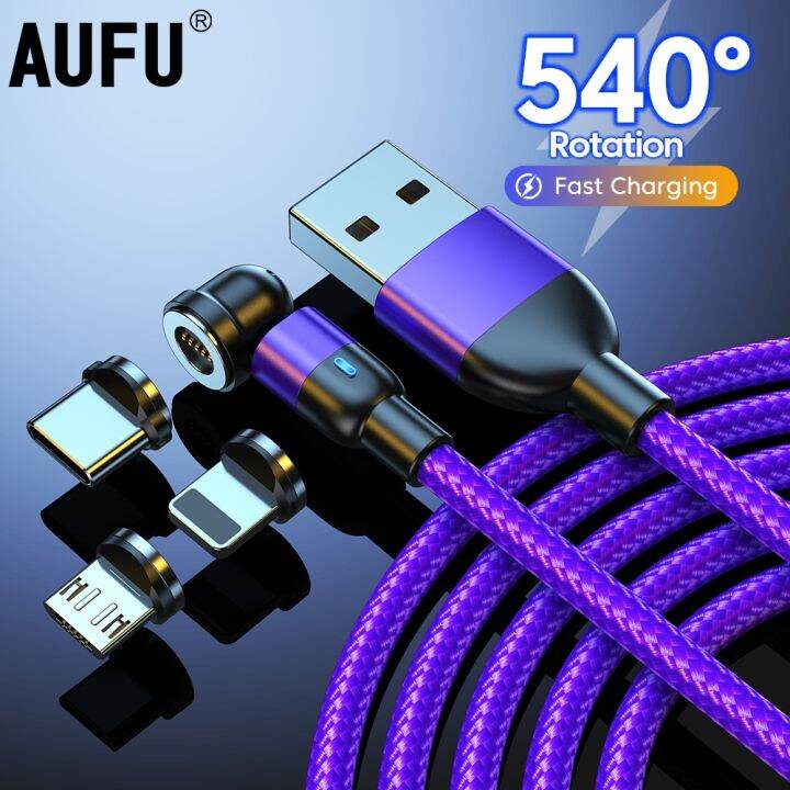 aufu-3a-สาย-usb-หัวแม่เหล็กสายชาร์จเร็ว-type-c-แม่เหล็กหมุนได้540ที่ชาร์จไฟไมโครยูเอสบีสายสำหรับซัมซุง-iphone-14-13-12สาย