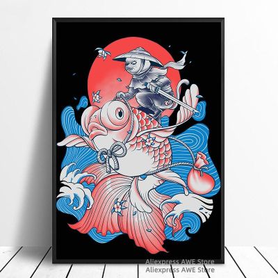 ปลาทองและซามูไรแมวโปสเตอร์ผ้าใบจิตรกรรมฝาผนังศิลปะภาพพิมพ์-ตกแต่งบ้าน
