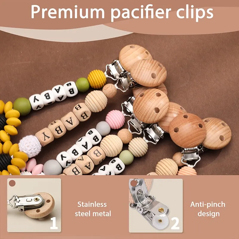 1pc Baby Pacifier Chain Personalize Name Pacifier Clip Wooden Dummy Chain  Holder Crochet Candy Pacifier Baby Teething Toys
