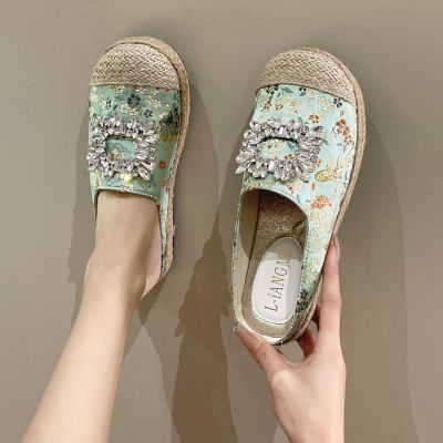 Make fisherman female summer wear no shoes heel vogue of new fund of 2023 diamond embroidered cloth breathable baotou half drag