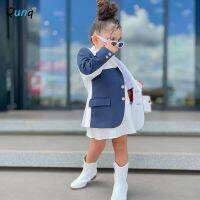 Qunq 2023 Autumn New Boys Girls Fashion Turn-Down Collar Button Splice Suit Jacket Street Trend Casual Kids Clothes Age 3T-8T