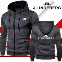 ฤดูใบไม้ร่วงและฤดูหนาว2023 J.lindeberg เสื้อแจ็คเก็ตลำลองพิมพ์ลายสำหรับผู้ชายเสื้อฮู้ดมีซิปด้วยชุดทำงานแบบมีกระเป๋า