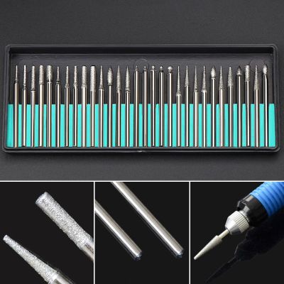 30PCS 2.35mm Shank Diamond Grinding Burr Needle Point Engraving Carving Polishing Glass Jade Stone Drill Bit Rotary Tool Set