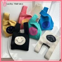 LUCKY HAIRACC ถักนิตติ้ง กระเป๋าถือแบบถือ งานทำมือ ลายใบหน้ายิ้ม กระเป๋าโท้ทใบเล็ก ใช้ซ้ำได้ ปมเป็นปม ถุงช้อปปิ้งถุง ผู้หญิงผู้หญิงผู้หญิง