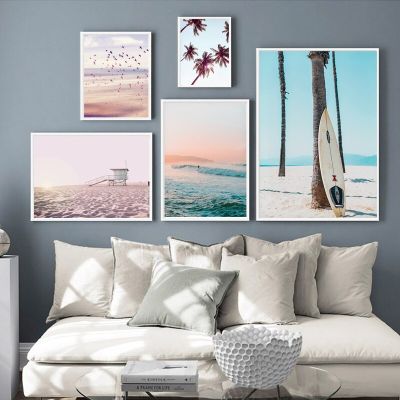 Sunset Ocean Landscape ภาพวาดผ้าใบโปสเตอร์-Nordic Beach Surfing Wall Art กับนกทะเล-รูปภาพสำหรับห้องนั่งเล่น Home Decor