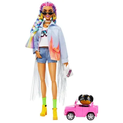 Barbie Extra Doll #5 in Long-Fringe Denim Jacket with Pet Puppy ตุ๊กตาบาร์บี้ ของเล่นเด็กหญิง รุ่น GRN29