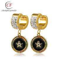 [COD] Five-pointed star earrings luxury decoration temperament stainless steel sticky mud micro-drill hanging carved stars surrounded by colored diamonds