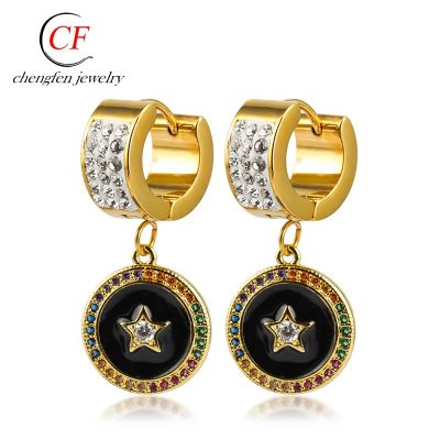 [COD] Five-pointed star earrings luxury decoration temperament stainless steel sticky mud micro-drill hanging carved stars surrounded by colored diamonds