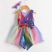 ZZOOI Rainbow Color Princess Party Dress For Girls Big Bowknot 1 Year Old Birthday Costume Luxury Shining Sequined Girl Frocks Dress