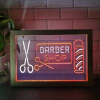 Barber Shop Pole Dual Color LED Neon Sign Photo Frame Creative Table Lamp Bedroom Desk Wood 3D Night Light