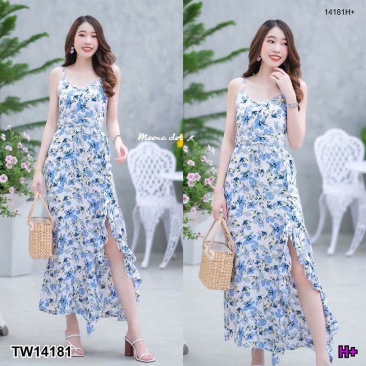 maxi-dress-สายเดี่ยวลายดอกไม้เกร๋ๆ-ดีเทลมีสายไขว้ด้านหลัง-แต่งผ้าระบายและผ่าด้านหน้า-มีซัปใน